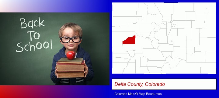 the back-to-school concept; Delta County, Colorado highlighted in red on a map