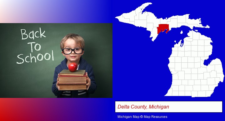 the back-to-school concept; Delta County, Michigan highlighted in red on a map