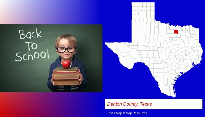 the back-to-school concept; Denton County, Texas highlighted in red on a map