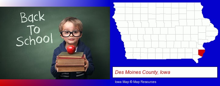 the back-to-school concept; Des Moines County, Iowa highlighted in red on a map