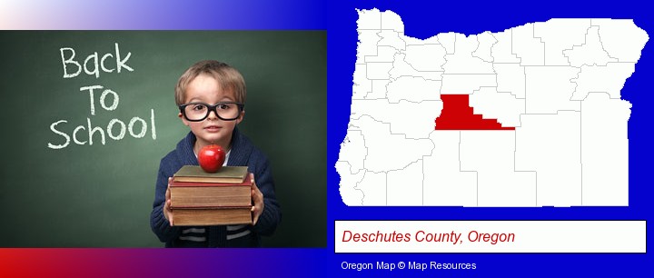 the back-to-school concept; Deschutes County, Oregon highlighted in red on a map