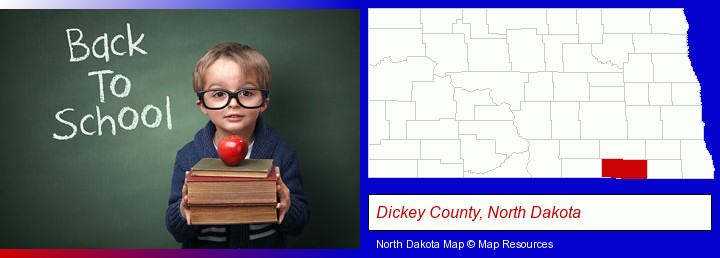 the back-to-school concept; Dickey County, North Dakota highlighted in red on a map