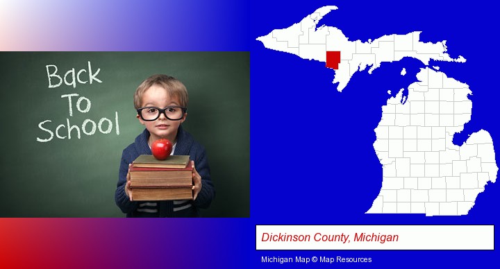 the back-to-school concept; Dickinson County, Michigan highlighted in red on a map
