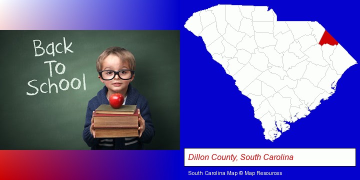 the back-to-school concept; Dillon County, South Carolina highlighted in red on a map