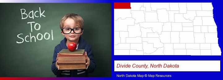 the back-to-school concept; Divide County, North Dakota highlighted in red on a map