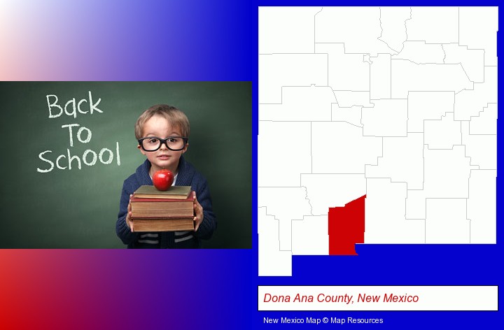 the back-to-school concept; Dona Ana County, New Mexico highlighted in red on a map