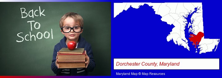the back-to-school concept; Dorchester County, Maryland highlighted in red on a map