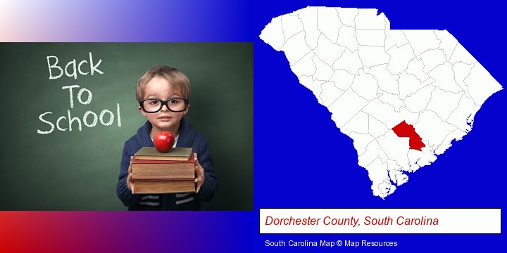 the back-to-school concept; Dorchester County, South Carolina highlighted in red on a map