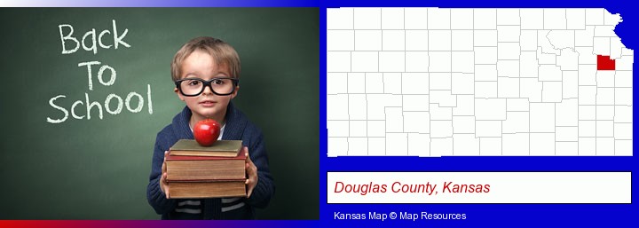 the back-to-school concept; Douglas County, Kansas highlighted in red on a map