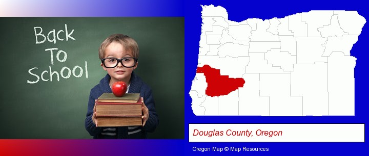 the back-to-school concept; Douglas County, Oregon highlighted in red on a map