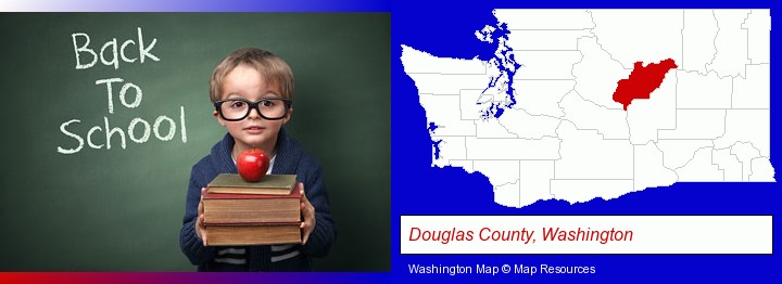 the back-to-school concept; Douglas County, Washington highlighted in red on a map