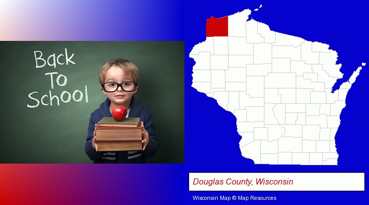 the back-to-school concept; Douglas County, Wisconsin highlighted in red on a map