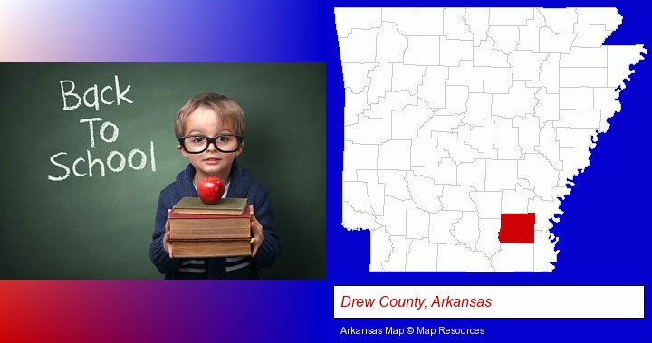 the back-to-school concept; Drew County, Arkansas highlighted in red on a map