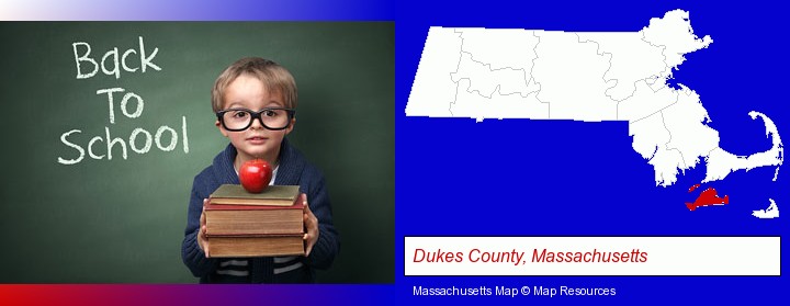 the back-to-school concept; Dukes County, Massachusetts highlighted in red on a map
