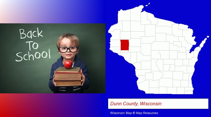 the back-to-school concept; Dunn County, Wisconsin highlighted in red on a map