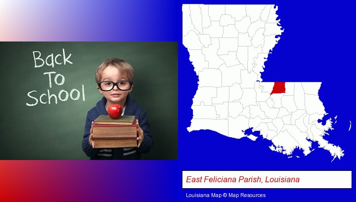 the back-to-school concept; East Feliciana Parish, Louisiana highlighted in red on a map