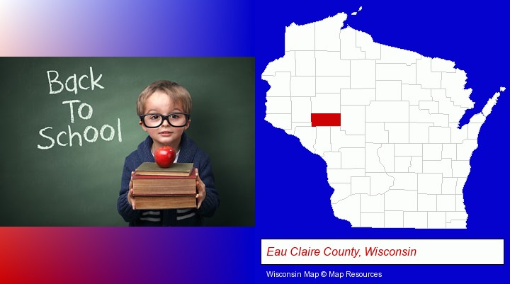 the back-to-school concept; Eau Claire County, Wisconsin highlighted in red on a map