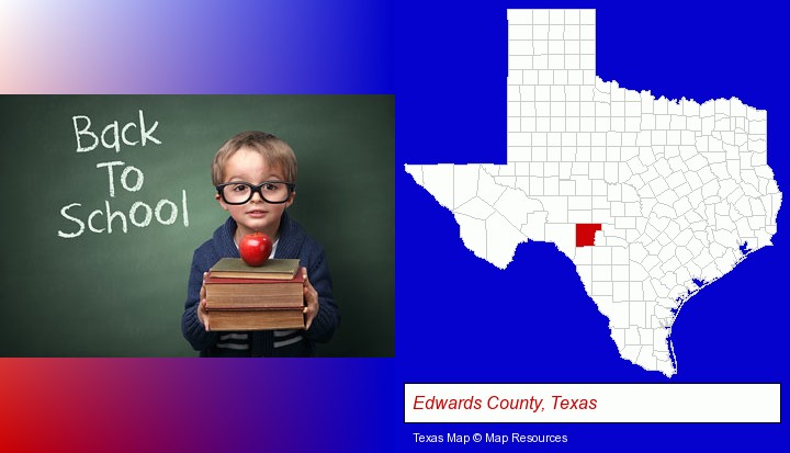 the back-to-school concept; Edwards County, Texas highlighted in red on a map