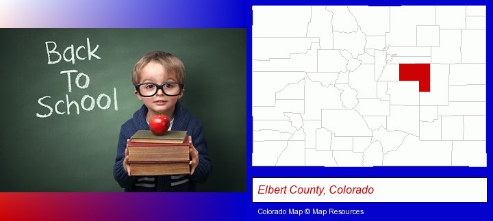 the back-to-school concept; Elbert County, Colorado highlighted in red on a map