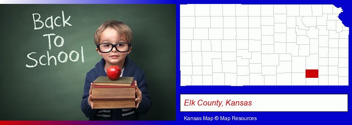 the back-to-school concept; Elk County, Kansas highlighted in red on a map