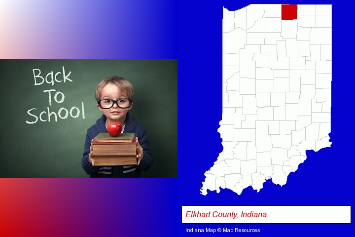 the back-to-school concept; Elkhart County, Indiana highlighted in red on a map