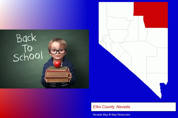 the back-to-school concept; Elko County, Nevada highlighted in red on a map