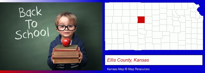 the back-to-school concept; Ellis County, Kansas highlighted in red on a map