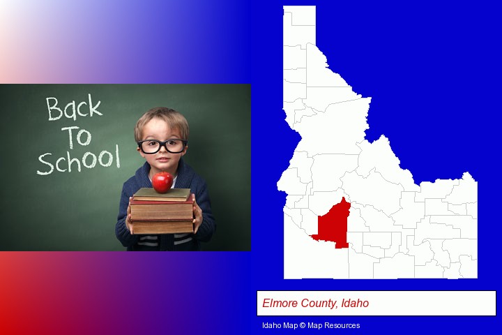 the back-to-school concept; Elmore County, Idaho highlighted in red on a map