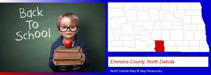 the back-to-school concept; Emmons County, North Dakota highlighted in red on a map