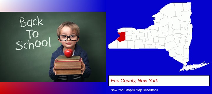 the back-to-school concept; Erie County, New York highlighted in red on a map