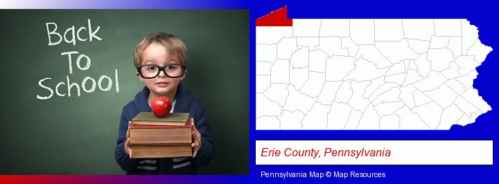 the back-to-school concept; Erie County, Pennsylvania highlighted in red on a map