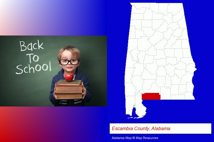 the back-to-school concept; Escambia County, Alabama highlighted in red on a map