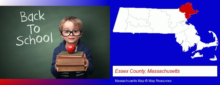 the back-to-school concept; Essex County, Massachusetts highlighted in red on a map