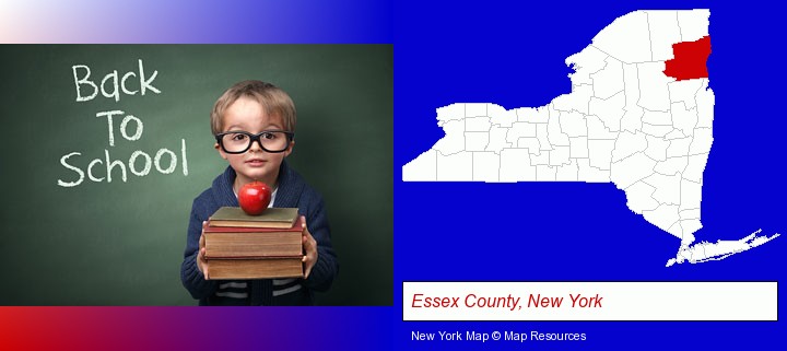 the back-to-school concept; Essex County, New York highlighted in red on a map