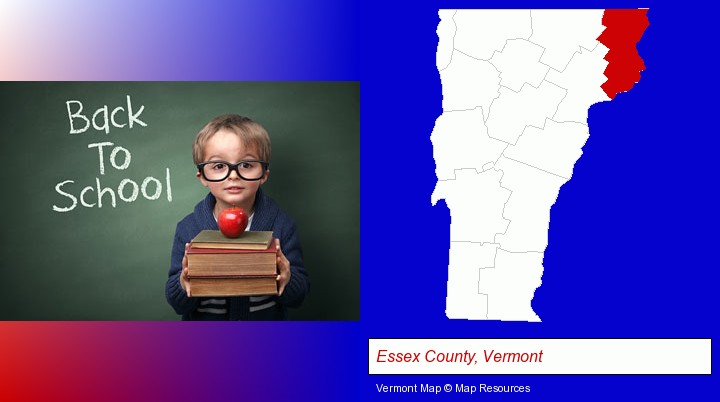 the back-to-school concept; Essex County, Vermont highlighted in red on a map