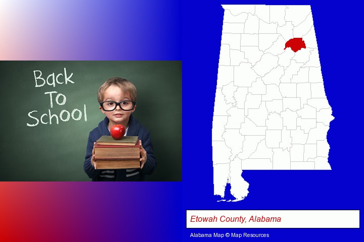 the back-to-school concept; Etowah County, Alabama highlighted in red on a map