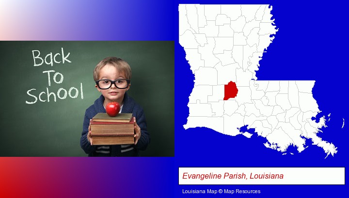 the back-to-school concept; Evangeline Parish, Louisiana highlighted in red on a map