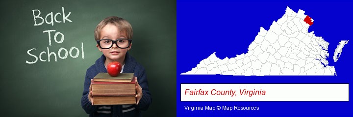 the back-to-school concept; Fairfax County, Virginia highlighted in red on a map