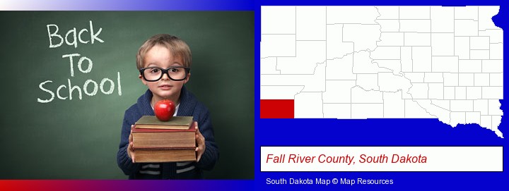 the back-to-school concept; Fall River County, South Dakota highlighted in red on a map