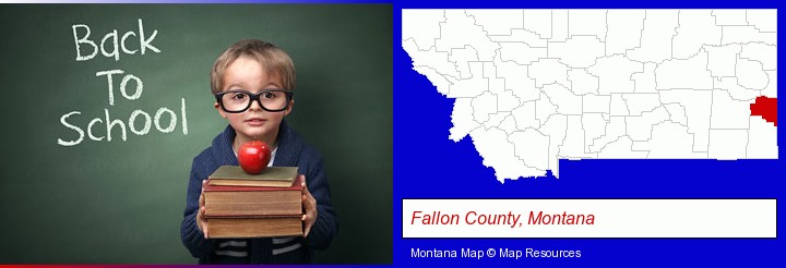 the back-to-school concept; Fallon County, Montana highlighted in red on a map
