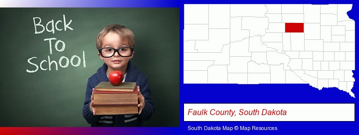 the back-to-school concept; Faulk County, South Dakota highlighted in red on a map