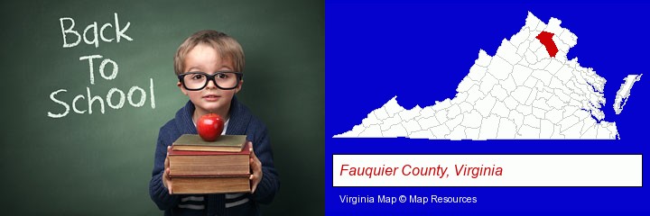 the back-to-school concept; Fauquier County, Virginia highlighted in red on a map
