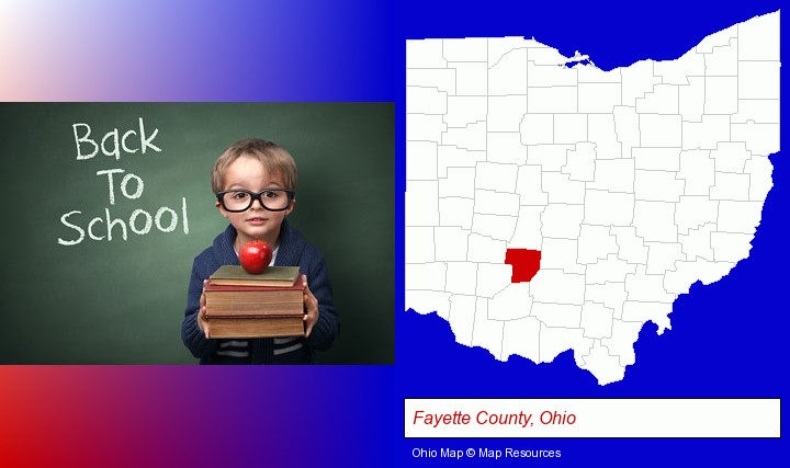the back-to-school concept; Fayette County, Ohio highlighted in red on a map