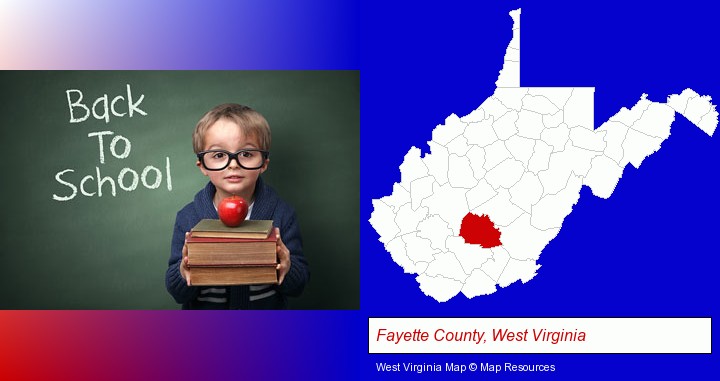 the back-to-school concept; Fayette County, West Virginia highlighted in red on a map