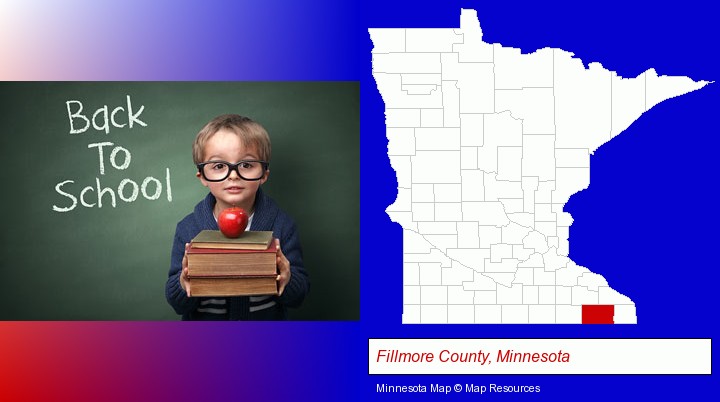 the back-to-school concept; Fillmore County, Minnesota highlighted in red on a map