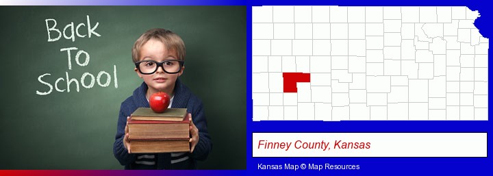 the back-to-school concept; Finney County, Kansas highlighted in red on a map