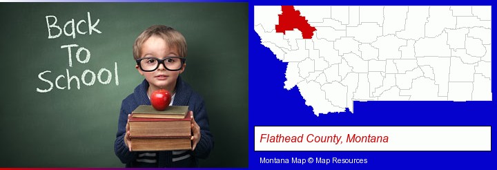 the back-to-school concept; Flathead County, Montana highlighted in red on a map
