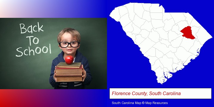 the back-to-school concept; Florence County, South Carolina highlighted in red on a map