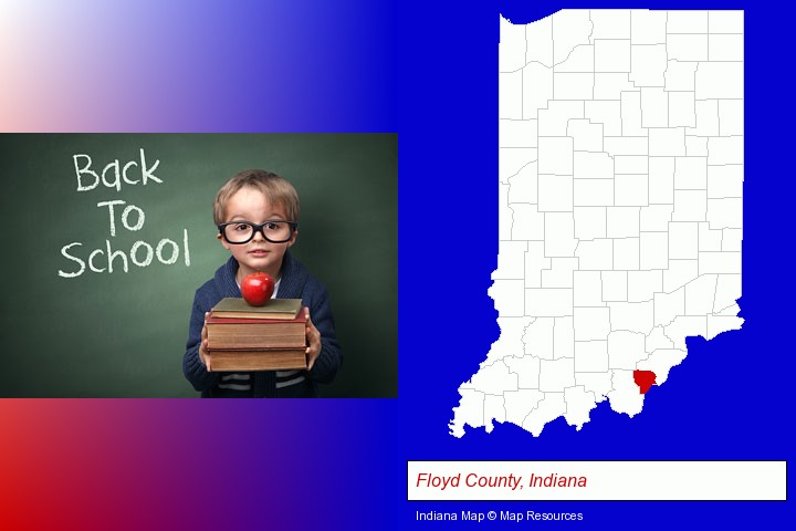 the back-to-school concept; Floyd County, Indiana highlighted in red on a map