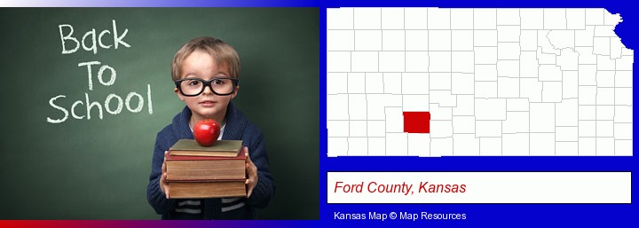 the back-to-school concept; Ford County, Kansas highlighted in red on a map